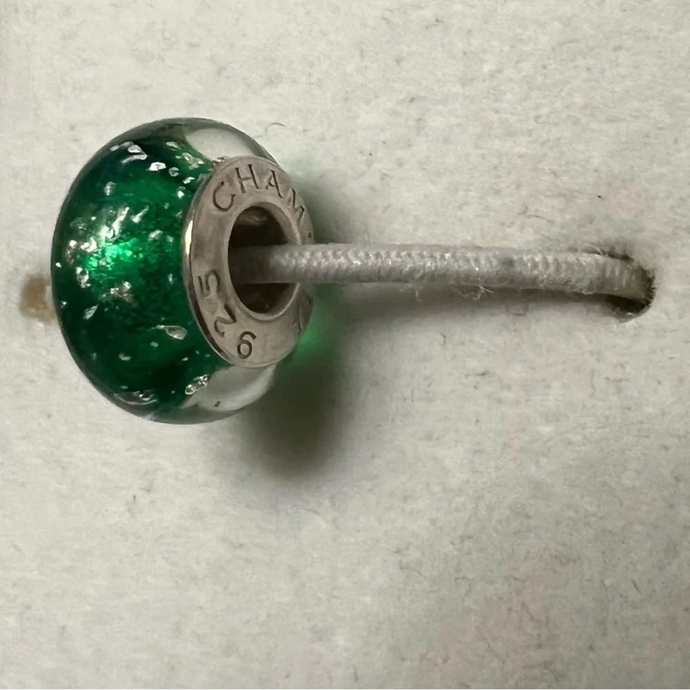 Chamilia 925 Silver Green Gold Flakes Murano Glass Bead Charm EUC CHAMILIA #301